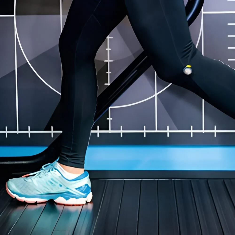 Piernas de una persona corriendo en cinta durante un estudio biomecánico