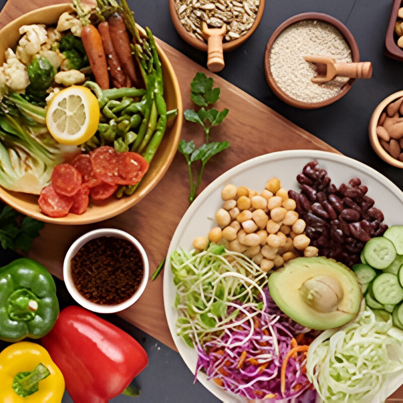 Mesa con platos de alimentos saludables de origen vegetal
