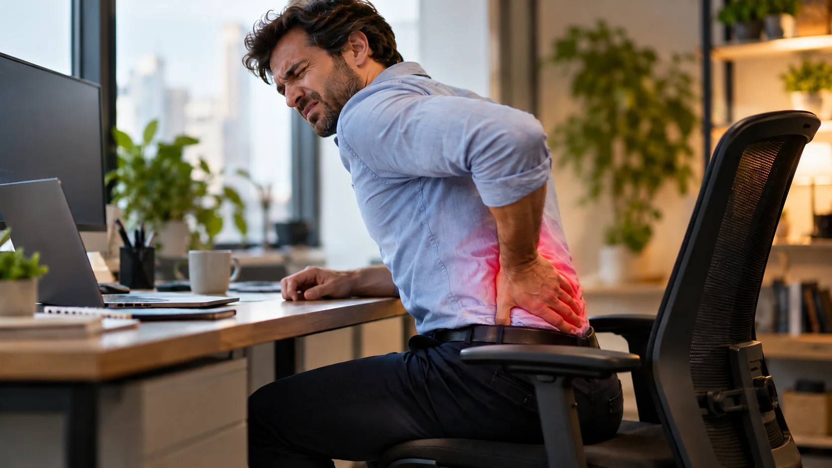 Persona con dolor lumbar por estar sentado
